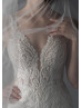 Beaded Ivory Lace Tulle Pearl Deep V Buttons Back Wedding Dress